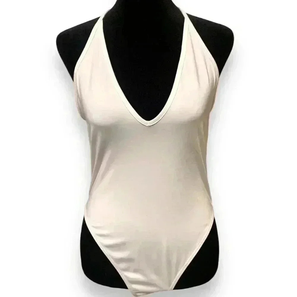 NWOT Shein Plunging Scoop Neckline Sleeveless Stretchy Casual White Bodysuit - Picture 2 of 10